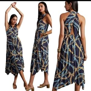 Maeve Asymmetrical Chain Print Dress in Blue and Gold
